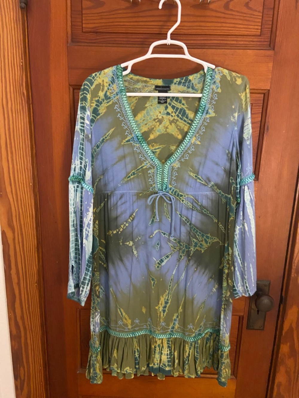 Moda International Blue and Green Tie-Dye V-Neck dress with Crochet Trim
